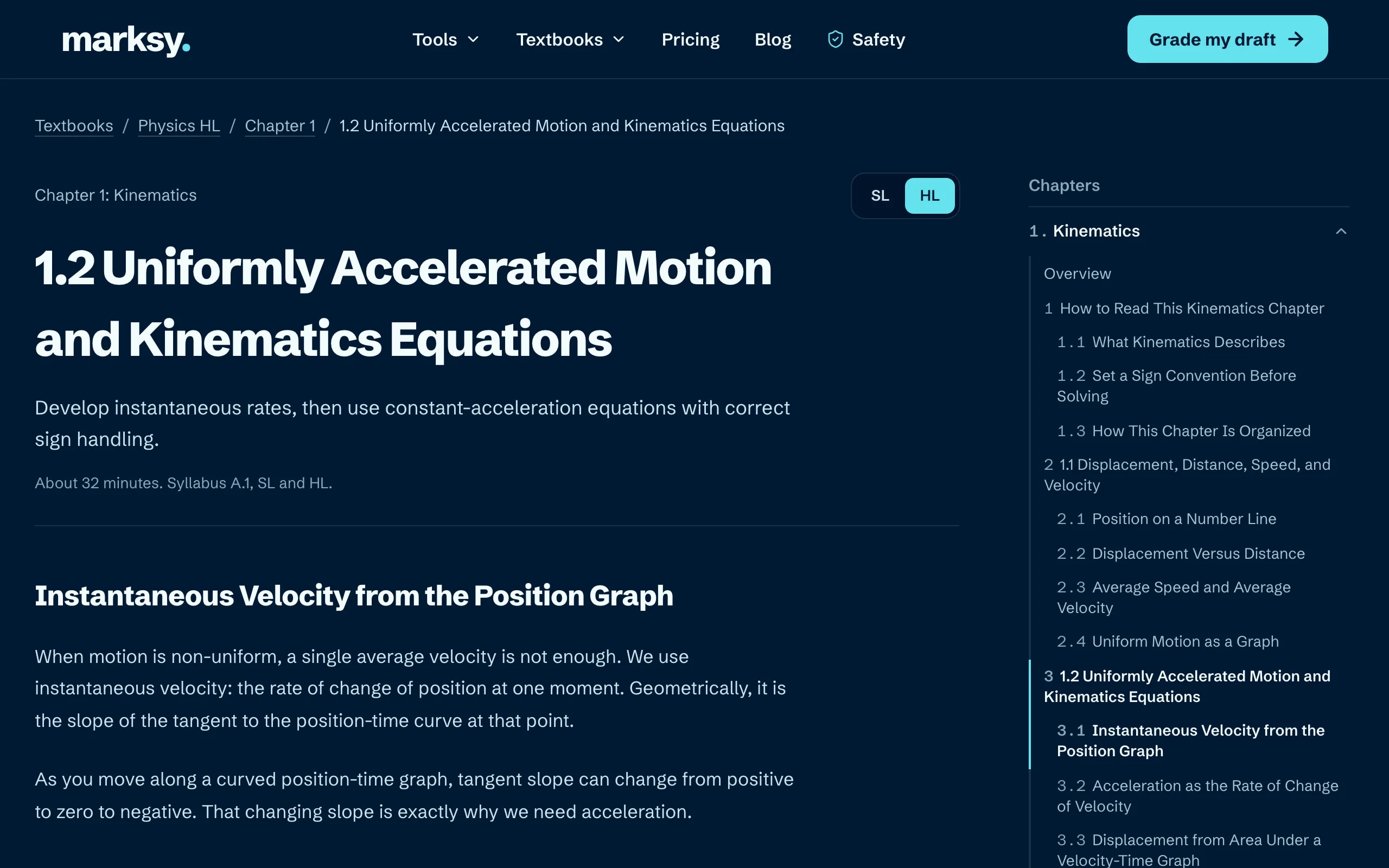 Physics HL online textbook section with equations and chapter browser