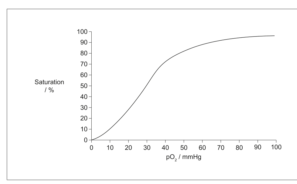 Graph showing the percentage of oxygen saturation of adult haemoglobin (Hb) at different oxygen concentrations, as measured in partial pressure of oxygen (pO2). This graph is the stimulus for question 1.
