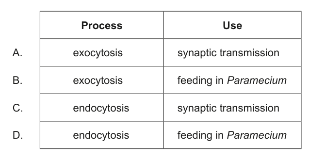 Table presenting four options (A-D) for the type of membrane transport process and its use, for question 4.