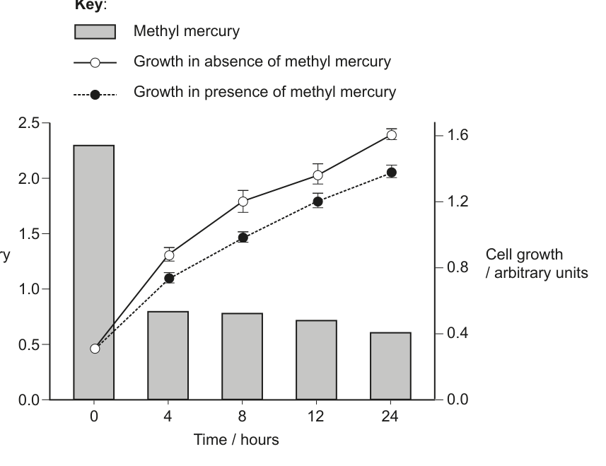 A combined bar and line graph. The bars show methyl mercury concentration (µmol dm⁻³) on the left y-axis, decreasing over time. The lines show cell growth (arbitrary units) on the right y-axis, increasing over time, both in the presence and absence of methyl mercury. The x-axis represents time in hours (0, 4, 8, 12, 24). A key identifies the data series.