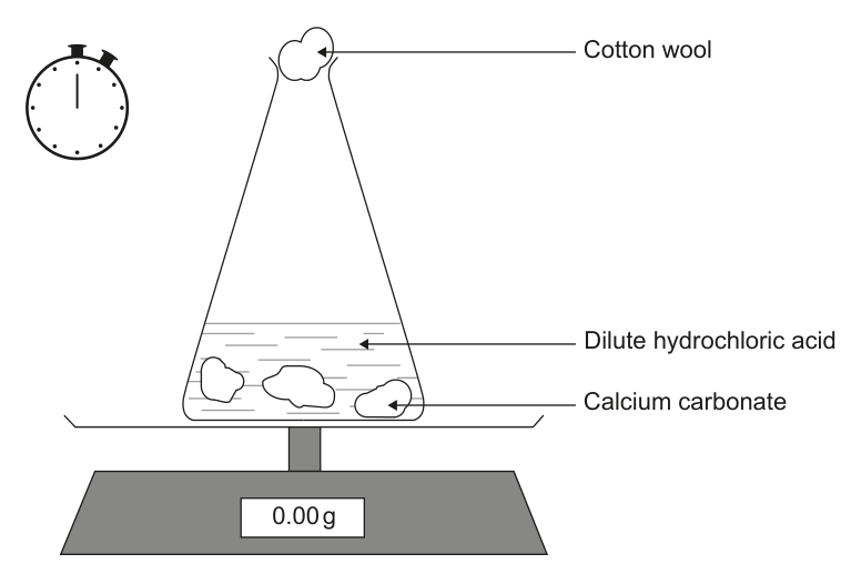 Diagram showing a flask on a balance, containing calcium carbonate and dilute hydrochloric acid, with cotton wool in the neck, and a stopwatch.