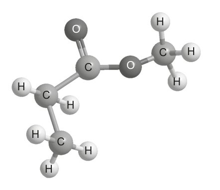 A 3D ball-and-stick model of a chemical compound, showing carbon (C), oxygen (O), and hydrogen (H) atoms bonded together.