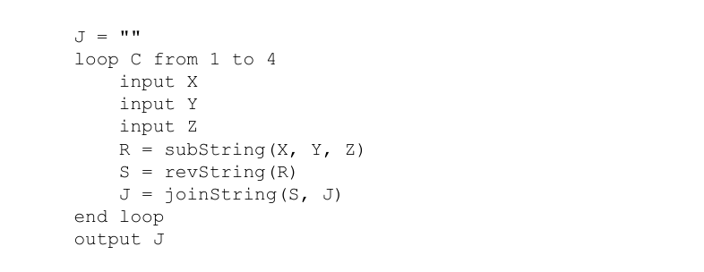 Pseudocode for an algorithm involving string manipulation, including a loop and sub-programs like subString, revString, and joinString.