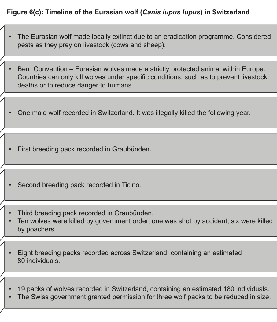 A timeline showing key events related to the Eurasian wolf population in Switzerland from the 19th century to 2022.