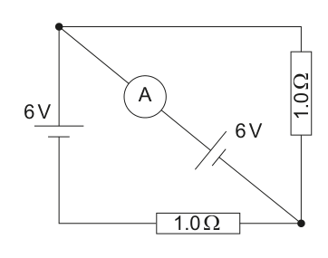 A circuit diagram showing two 6V cells, two 1.0 Ohm resistors, and an ammeter labeled 'A'.