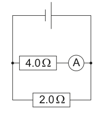 A circuit diagram showing a cell connected to two resistors (4.0Ω and 2.0Ω) in parallel, with an ammeter (A) in series with the 4.0Ω resistor.