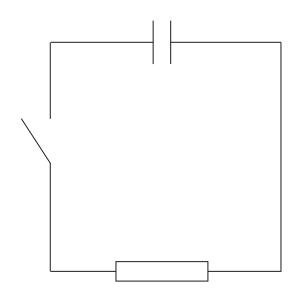 A circuit diagram showing a capacitor, a resistor, and an open switch.