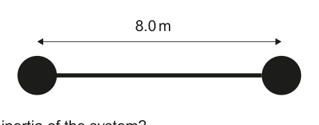 A diagram showing two spheres connected by a rod of length 8.0 m.