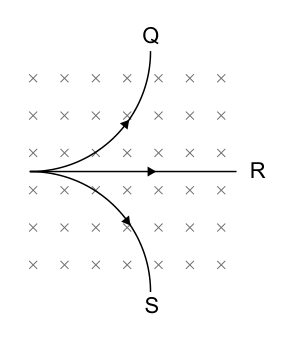 Diagram showing paths Q, R, and S of particles moving into a region of uniform magnetic field, with the field directed into the plane of the page.