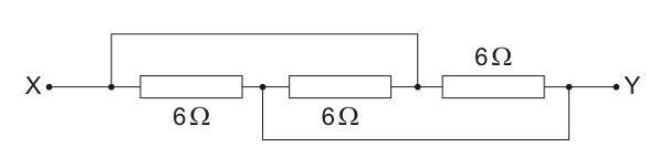 A circuit diagram showing three 6 Ohm resistors connected between points X and Y. Two resistors are in parallel, and this combination is in series with the third resistor.