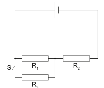 Circuit diagram with resistors R1, R2, R3, a switch S, and a cell for question 17.